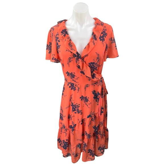 Michael Kors Women's Orange Floral Short Sleeve Ruffle Knee Length Wrap Dress M - Picture 1 of 4